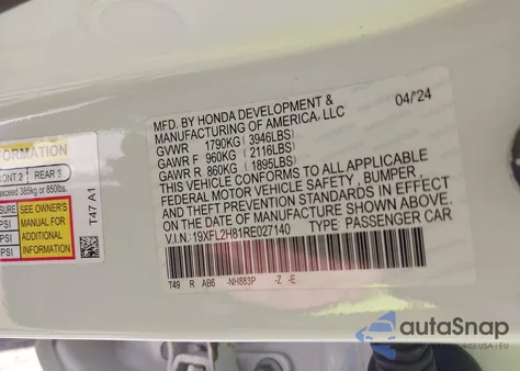 2024 Honda Civic Sport z USA, uszkodzony, nr VIN 19XFL2H81RE027140